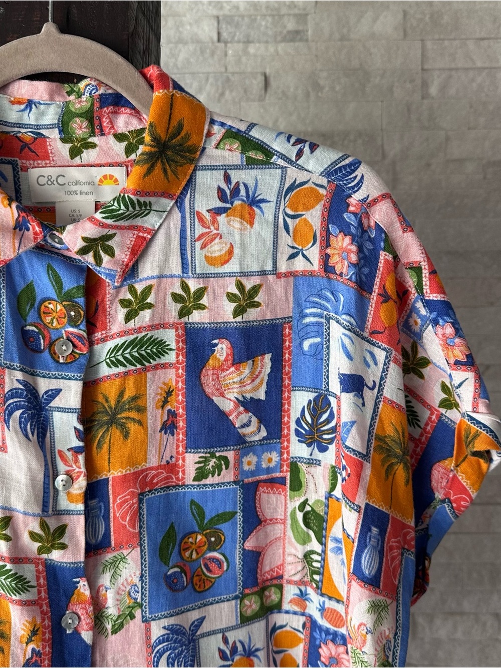 C&C Tropical Vacation Marrakech Multi Patchwork Fruit Print Linen Shirt Size S - Picture 5 of 10
